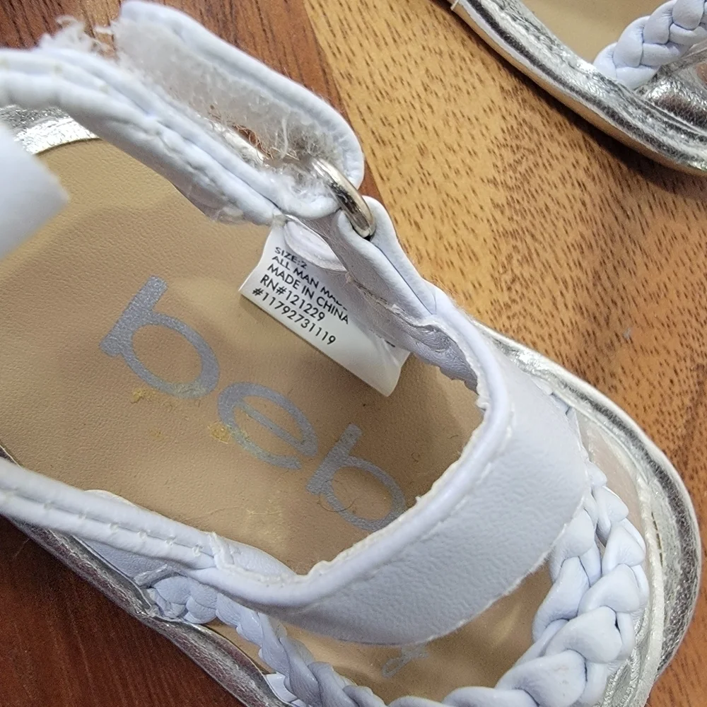 Bebe Silver and White Sandals Toddler Size 2 Braided With Ankle Strap